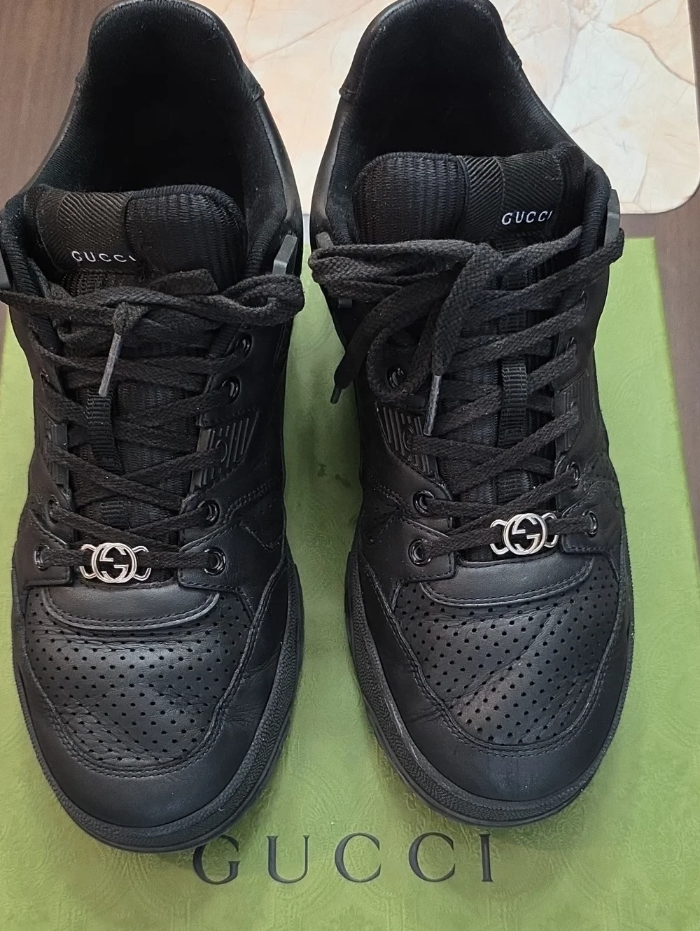 Gucci Men’s Black Leather Sneakers with Silver Double G Hardware